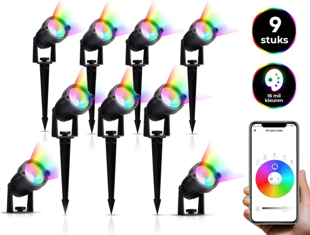 Bolt Electronics® Bolt Electronics Tuinspots – Tuinverlichting LED buiten – Prikspot buitenlamp - RGB lamp staand – Bluetooth bestuurbaar Tuinlamp – IP68 waterdicht muurlamp – Verlichting terras en tuin - Bedienen met de App – 9 stuks Multicolour
