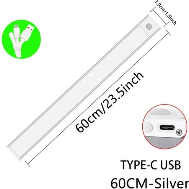 TLVX LED Lamp met Beweging Sensor Oplaadbaar / Draadloos / 5V / USB / Accu / 60CM / 114 LED’s / Dimbaar / Kastverlichting / Keuken lamp/ Instelbare Licht Kleur / Smart LED verlichting / Magnetische plakstrips / Light Motion Sensor / Zilver Frame Wit