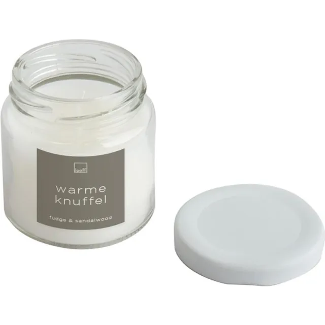Leeff Mini Geurkaars in bokaaltje - WARME KNUFFEL - Geur: Fudge & Sandelwood - 5.8 cm x 6.6 cm - wit
