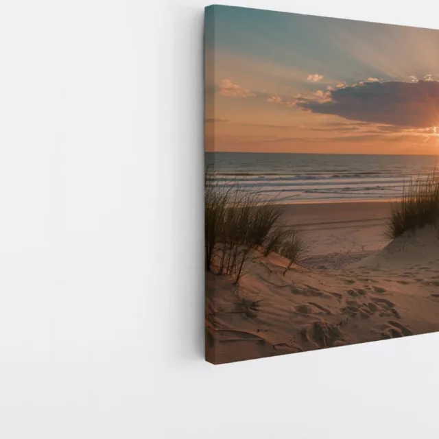 Saammp Canvas Schilderij - Strand - Zonsondergang - Zee - 40x40 - Foto op canvas - Wanddecoratie - muurdecoratie Woonkamer - Slaapkamer decoratie - Canvas Print Multicolor