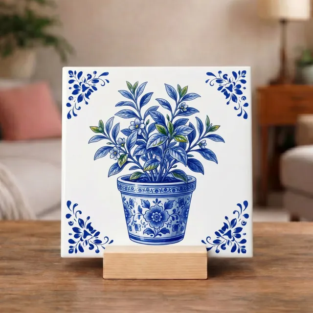 Bedruk King Delftsblauw Tegeltje 11x11 Plant in Bloempot – Woondecoratie en Cadeau voor Plantenliefhebber