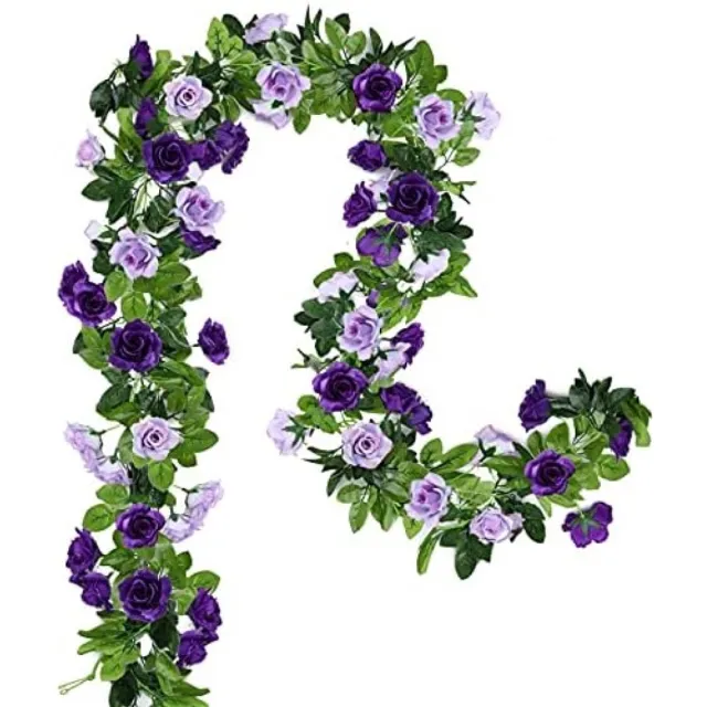 PromoHome 2 stuks kunstmatige rozen slingers 240cm paarse zijden bloemenslinger voor bruiloft decoratie boog feest huis tuin muur decor
