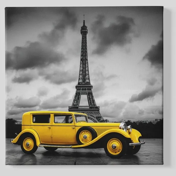 Trendex Global Vierkant Canvas Schilderij - Gele Auto - Eiffeltoren - 60x60 cm Geel