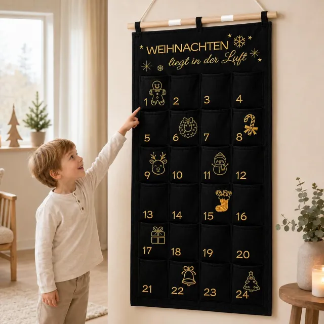 Famanu Vulbare stoffen adventskalender, 120x60 cm, 24 grote vakken, voor cadeaus