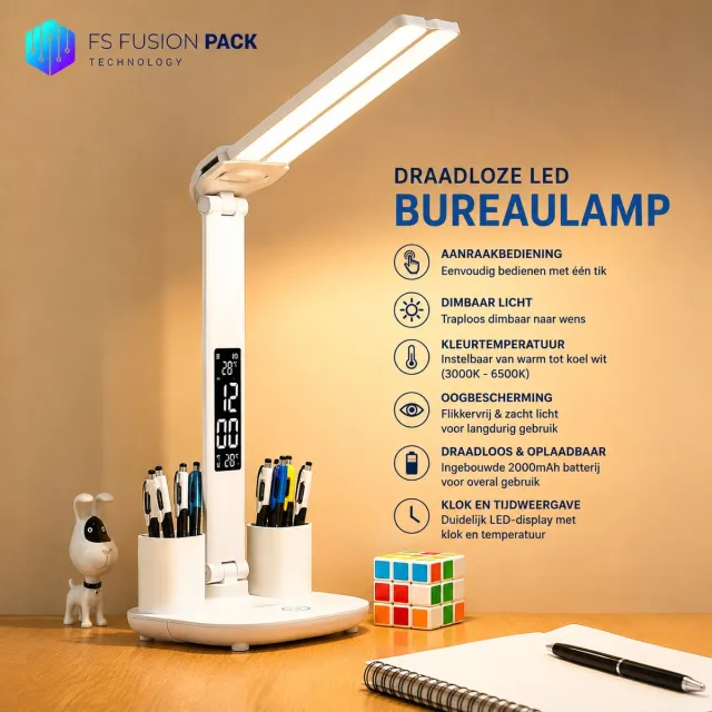 FS Fusion Pack Opvouwbaar LED Bureaulamp Flexibel, Draadloos & Oplaadbaar FS Fusion Pack Dubbele LED Bureaulamp met Klok – Draadloze Oplaadbare Tafellamp 2000mAh – Flexibele Dubbele Leeslamp – Touch Bediening – Dimbaar – Warm Wit & Daglicht – Studielamp-Bureaulamp