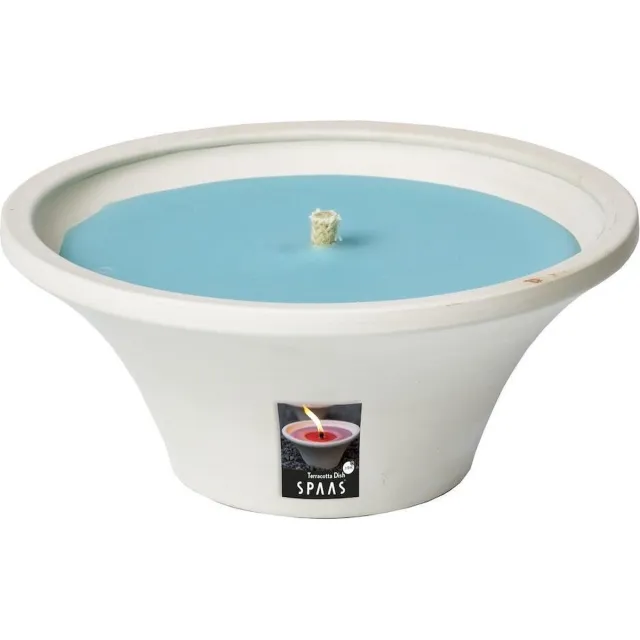 Spaas Terracottaschaal wit met kaars aquablauw