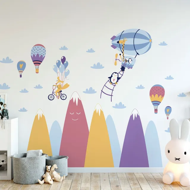 Ambiance Sticker Scandinavische bergstickers met vrolijke dieren, 120 x 180 cm Multi color