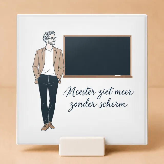 Bedruk King Minimalistische Meester van de telefoonvrije klas Tegel – Strakke one-line art voor leraren en scholen - 11 x 11 cm met houder Wit