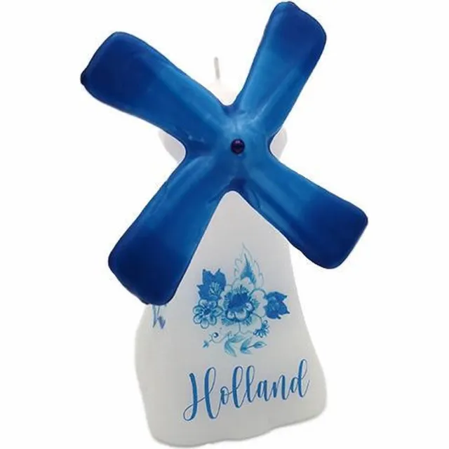 Van Licht Delfts Blauw Molen Figuurkaars met draaiende wieken Typisch Hollandse cadeaus Holland Souvenir wit