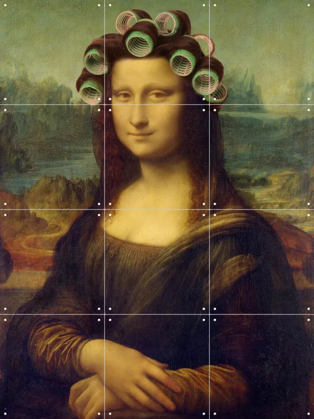 IXXI Mona Lisa - the curly girly edition, Marja van den Hurk - 60 x 80 cm - Grote wanddecoratie en posters - Grafisch Ontwerp, Schilderijen Bruin / Blauw