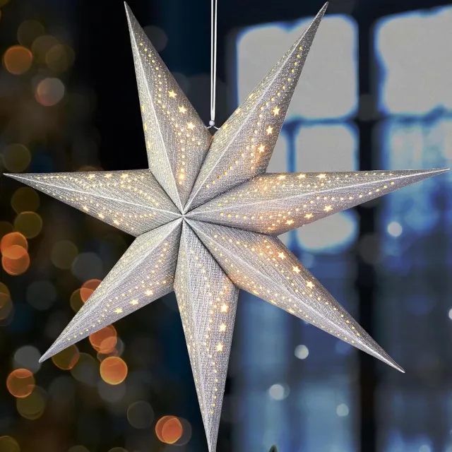 Brubaker 3D Hangende Kerstster - Raampapier Ster met E14 Voet - 60 cm Advent Ster met Decopatroon - Kerst Lichtster Set met 3,5 m Kabel - Ophangen - Zilver Zilver ster + patroon grof