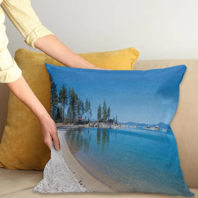 ABAKUHAUS Meer Tahoe Kussenhoes, Clear Meer en Shore, Digitale Print, Waterbestendig, Kleurecht, Wasbare Kussenhoes met Ritssluiting, 40 x 40 cm, Bos Groen Azure Blauw