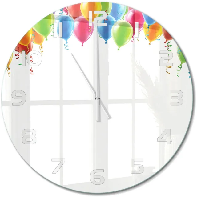 TULUP Wandklok - Kleurrijke ballonnen Gekleurde Glazen Klok - fi60 cm - Veelkleurig Glazen Klok Met Print - Witte handen - Ronde Klok - Moderne Wandklok Glas - Wandklok Glas Decoratie