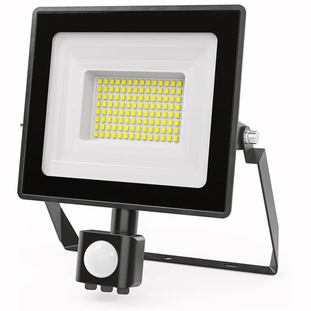 HOFTRONIC Stratos LED Schijnwerper met sensor - 50 Watt 4270 Lumen - IP65 Waterdicht - 6500K - Daglicht wit - Zwarte Breedstraler - Veiligheidslamp - Buitenlamp met bewegingssensor en schemerschakelaar