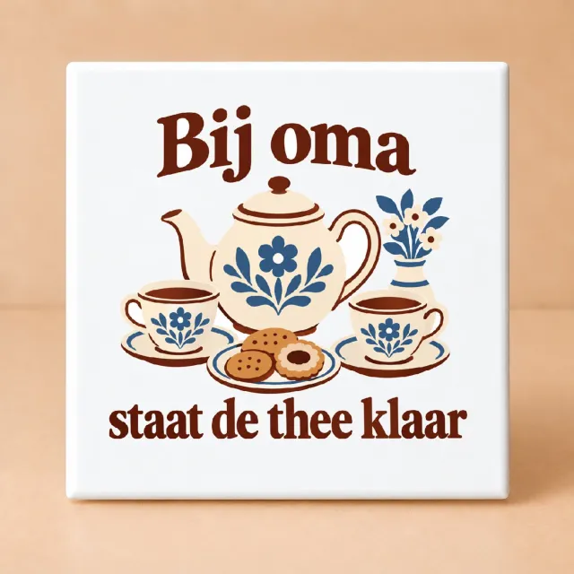 Bedruk King Vrolijke De thee-tante in winterstand Tegel – Kleurrijke plat design en nostalgisch cadeau voor oma fans - 11 x 11 cm Wit