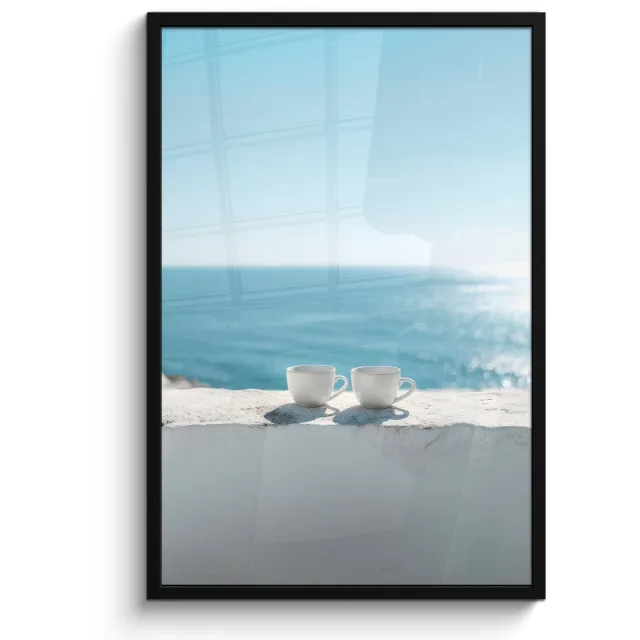 FrameYourWall Poster in lijst - Fotolijst 60x90 cm - Posters - Zee - Koffiekopjes - Zomers - Posterlijst zwart - Decoratie - Wanddecoratie woonkamer - Muurdecoratie slaapkamer