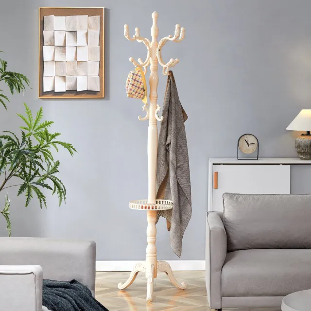 OKWISH Kledingrek Massief Hout – 195 Cm – Meerlaagse Haken – Cremewit – Met Opbergplateau En Antislipvoeten Voor Hal En Slaapkamer