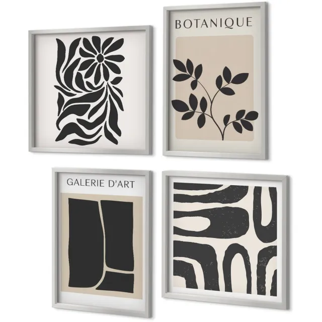 Coloray 4-Delige Schilderij Set - Abstracte bloemenpatronen en geometrische vormen - 40 x 40 cm en 40 x 60 cm - Muurdecoratie - Decoratieve Schilderijen - Wohnzimmer - Stijlvolle Muurdecoratie Zilveren lijst