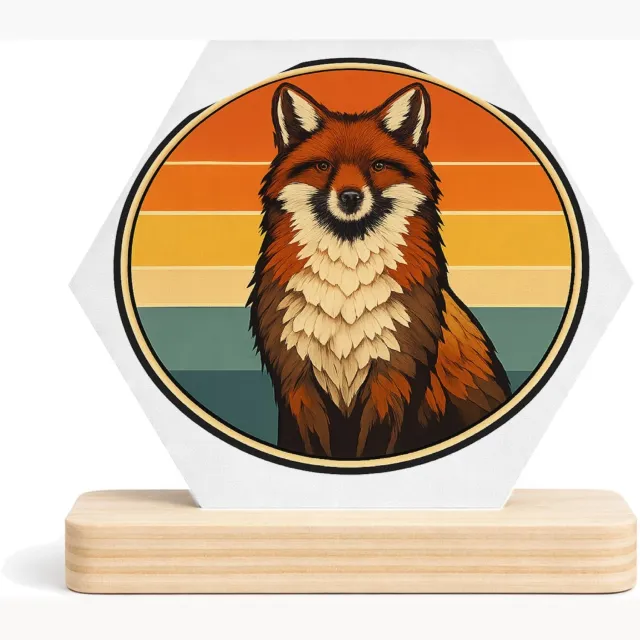 Mr Cadeautjes MDF fotolijst/inleg hexagon 14 x 13 - design Een trotse vos op een ronde achtergrond met zonsondergangban | cadeau Wit