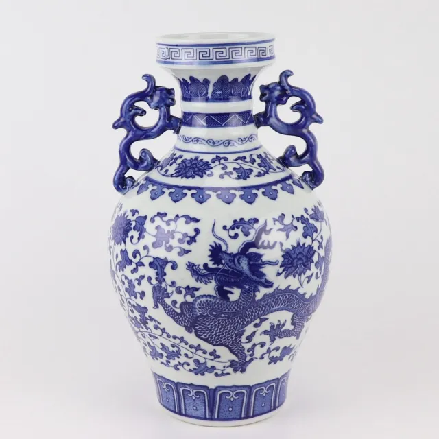 Fine Asianliving Chinese Vaas Blauw Wit Porselein Draak D18xH33cm Blauw, Wit