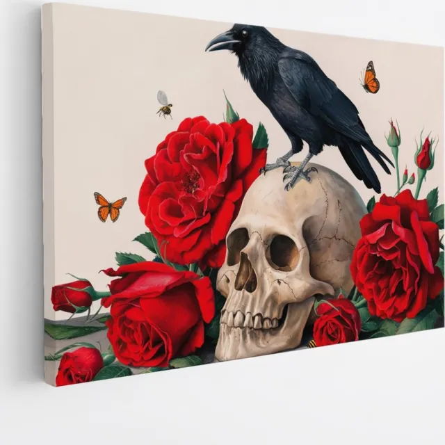 Saammp Canvas Schilderij - Kraai op Schedel met Rode Rozen - bloemen - Abstract - 90x60 - Foto op canvas - Wanddecoratie - Muurdecoratie Woonkamer - Kantoor Decoratie Multicolor