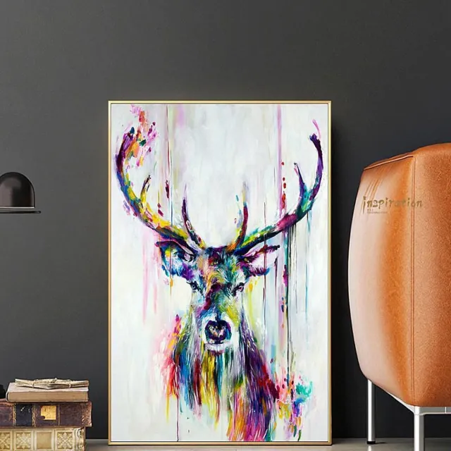 Allernieuwste Canvas Schilderij Abstract Kleurrijk Edelhert - Kunst - Dieren - Poster - 60 x 90 cm - Kleur Multicolor
