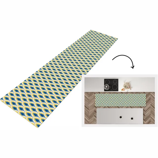 KitchenYeah Keukenloper 200x50 cm - Keukenmat vinyl Design - Patroon - Retro - Geel - Blauw - Keukenmatten loper - Keuken vloerkleed tapijt