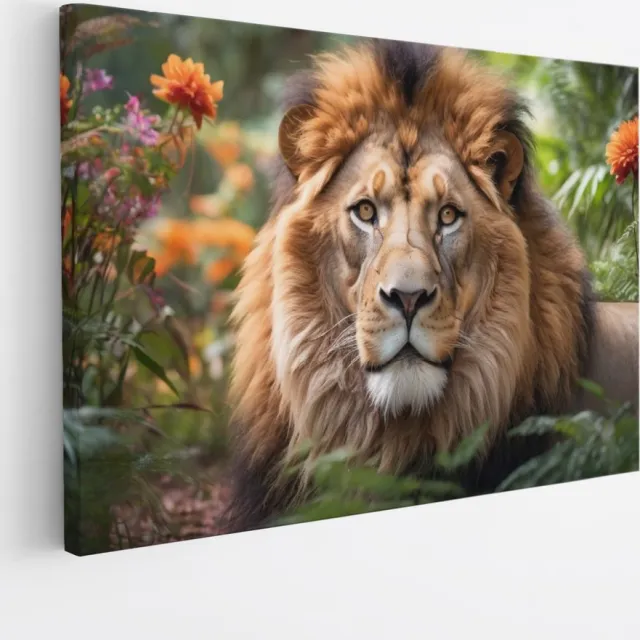 Saammp Canvas Schilderij - Leeuw tussen de oranje bloemen - Natuur - Dieren - 50x40 - Foto op canvas - Wanddecoratie - Muurdecoratie Woonkamer - Slaapkamer decoratie - Canvas Print Multicolor