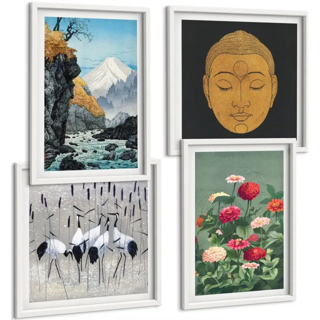 Coloray 4-Delige Schilderij Set - Japanse Natuur En Cultuur In Japandi-Stijl - 40 x 40 En 40 x 60 - Muurdecoratie - Wanddecoratie - Slaapkamer Witte lijst