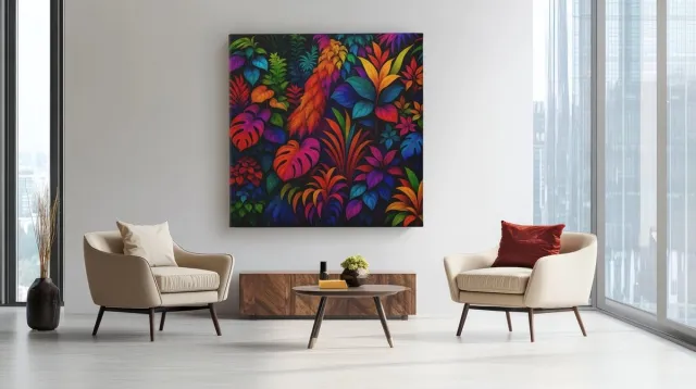 Trendex Global Vierkant Canvas Schilderij Tropische Bladeren - Kleurrijke Jungle - Moderne Natuur Kunst - Wanddecoratie - 60 x 60 cm