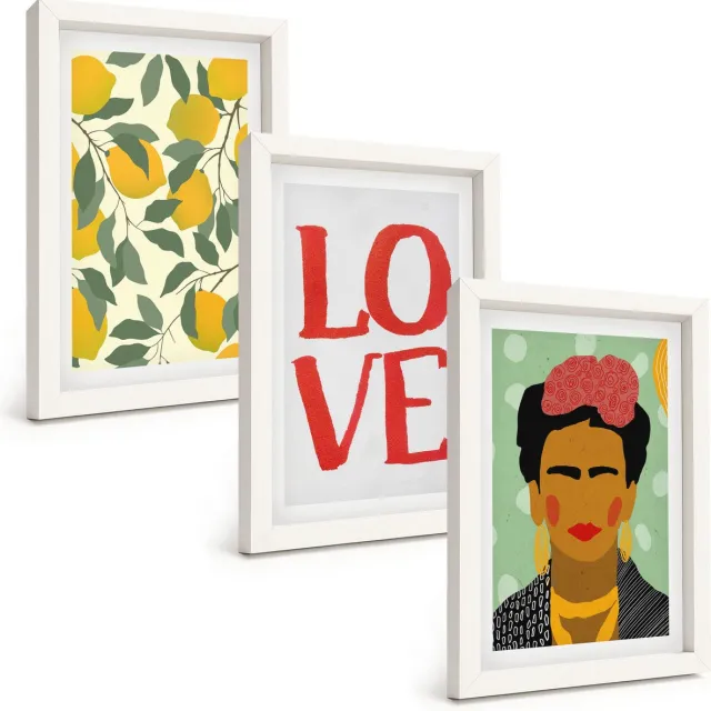 TULUP 3-Delige Schilderij Set - Citroenen Liefde Lettering Geschilderd Portret van Frida Kahlo - 20x30 - Stijlvolle Wanddecoratie - Interieur - Moderne Wanddecoratie Witte lijst