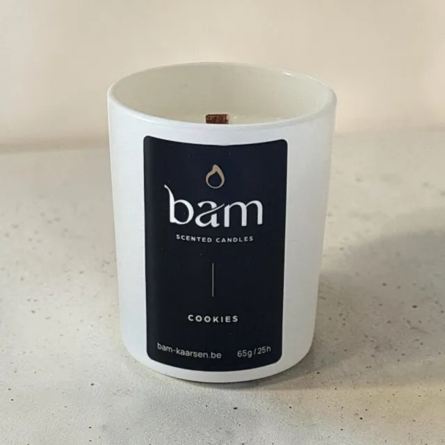 Bam Mini Cookies Geurkaars – Witte Kaars met Houten Wiek – Vegan Geurkaars van Zonnebloemwas – 25 Branduren – Handgemaakt in België