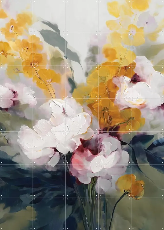 IXXI Cream Peonies And Golden Blossoms, Branka Kodžoman - 100 x 140 cm - Grote wanddecoratie en posters - Schilderijen, Kwaststreken, Gang Groen / Roze / Wit / Geel