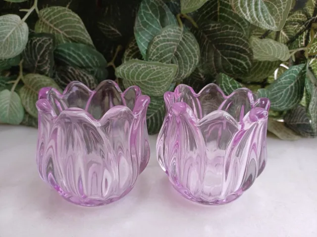 Decoris Set van 2 theelichtjes tulp paars Ø7cmx6.5cmH - Transparant - Glas - Lente - Zomer - Pasen