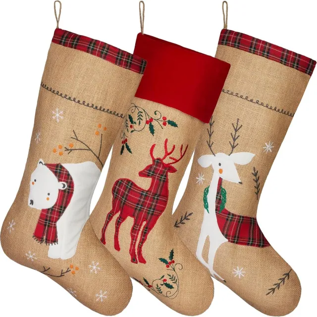 Brubaker Kerstkousen Set van 3 stuks - 52 cm - Kerstversiering - Kerstdecoratie - Christmas Stocking - Kerstsokken van Jute in Kerstdessins - Rendier en Ijsbeer