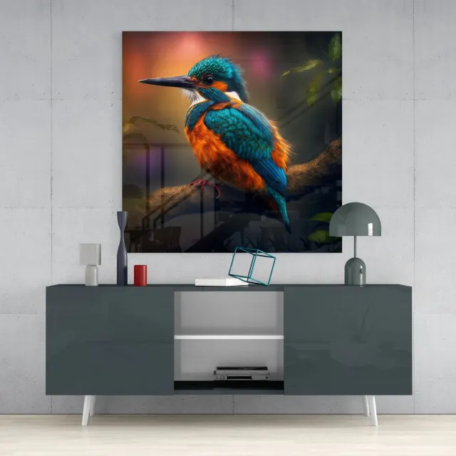 Insigne Art Vierkant Glasschilderij Kleurrijke IJsvogel - Moderne Dieren Wanddecoratie - 80 x 80 cm