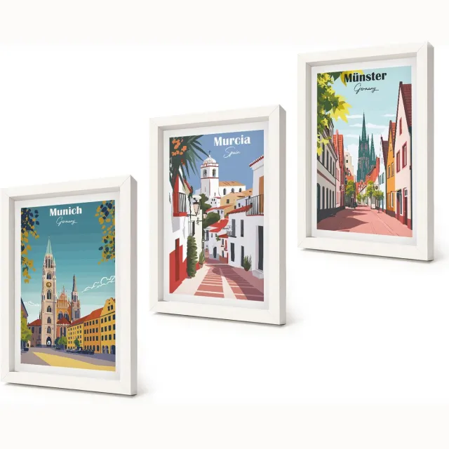 Coloray 3-Delige Schilderij Set - Europese steden in kleurrijke illustraties - 20x30 - Decoratieve Muurdecoratie - Slaapkamer - Moderne Wanddecoratie Witte lijst