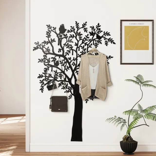 MODFU Kapstok wandmontage 120x175 cm van metaal, boomdesign met 8 haken, zwart