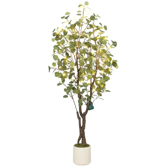 Triumpunpre Realistische kunstmatige eucalyptusboom voor binnen decoratie – 150 cm hoge vloer nepplant, zijde meervoudige stam groenvoorziening, voorgepot in witte pot, 8 standen LED-verlichting met afstandsbediening voor huis/bruiloft/feest