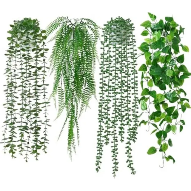 PromoHome Kunstmatige Hangplanten Set 4 Stuks - Nep Hangplanten met Pot voor Binnen - Kunstplanten Eucalyptus, Varen, Pothos en Parelsnoer - Groene Kunstplanten voor Thuis, Kantoor of Tuindecoratie Groen-4