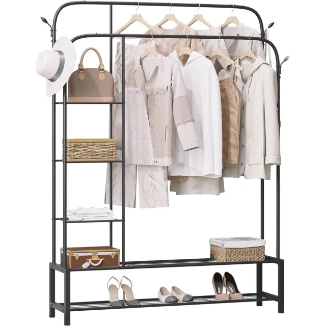 Mylucinda Stabiele Staande Kapstok – Met Kledingrails En Schoenenrek – 130x164x33 cm – Kledingrek Voor Slaapkamer Of Gang – Zwart