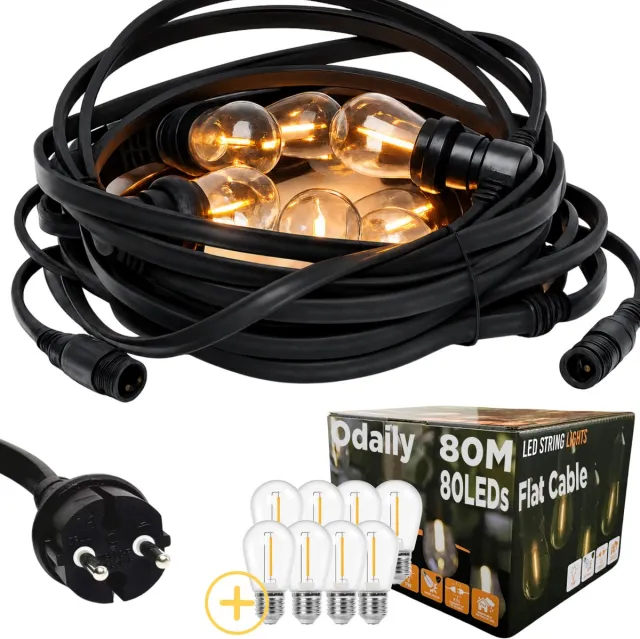 Odaily Platte Prikkabel - 80 Meter - 80 LED Lampen - Warm Wit - IP65 Lichtsnoer - Horeca Kwaliteit
