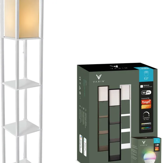 Varin Vloerlamp met vakken - Wit - Met E27 Led lamp - Dimbaar - Witlicht RGB - Smart Lamp Tuya wifi - Slimme staande lampen - Sfeerlamp - Vakkenkast - Lamp industrieel - Daglichtlamp - Vloerlampen - Verlichting woonkamer, keuken en slaapkamer Wit frame + witte kap