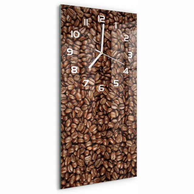 TULUP Wandklok - Koffiebonen Wandklok Glas Met Motief - 30x60 cm - Bruin Decoratieve Glazen Klok - Witte handen - Rechthoekige Klok - Gekleurde Glazen Klok - Glazen Klok Met Print
