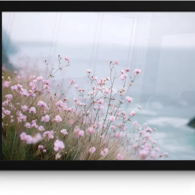 FrameYourWall Poster in lijst - Fotolijst 40x30 cm - Posters - Klif - Bloemen - Zee - Roze - Posterlijst zwart - Decoratie - Wanddecoratie woonkamer - Muurdecoratie slaapkamer