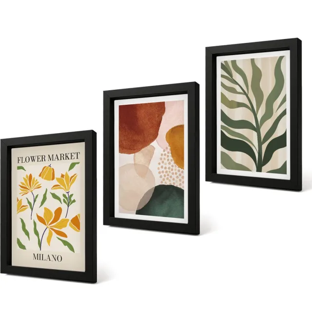 Coloray 4-Delige Schilderij Set - Bloemmotieven met abstracte vormen en bladeren - 20 x 30 cm - Muurdecoratie - Interieur Decoratie - Stijlvolle Muurdecoratie Zwarte lijst