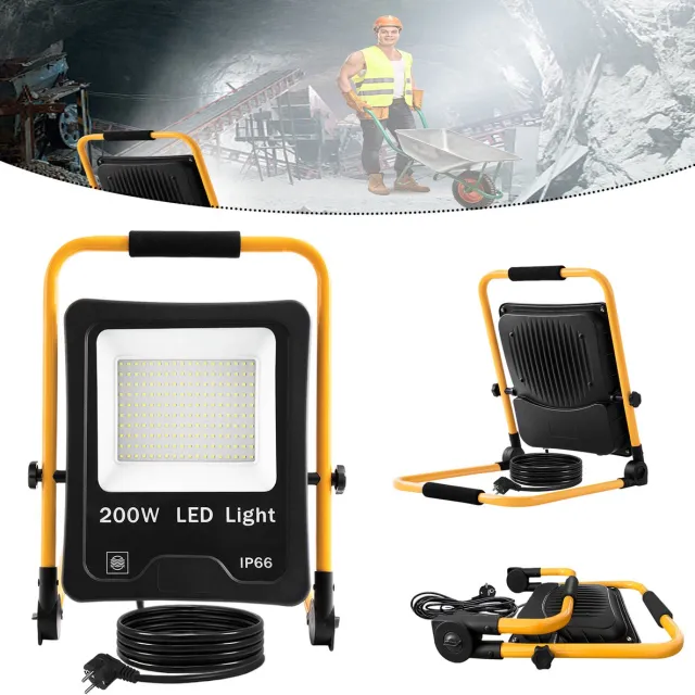 LZQ 200W LED Fluter Fluitlicht Koudwit Met Steker Baustrahler Scheinwerfer + Geel Stativ Baulampe Waterdicht IP66 Buitenruimte Binnen Tuin Garage Koel Wit