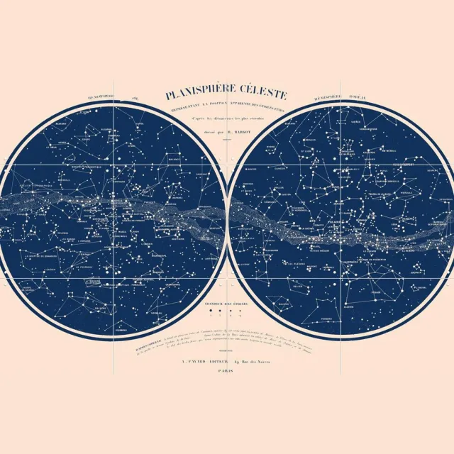 IXXI Planisphere celeste, Aster Edition - 80 x 60 cm - Grote wanddecoratie en posters - Vintage, Technische Tekening, Illustraties, Mancave Blauw / Warme kleuren