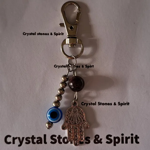 mineraalsteen Boze Oog / Khamsa met Granaat, sleutelhanger zilverkleurig rood