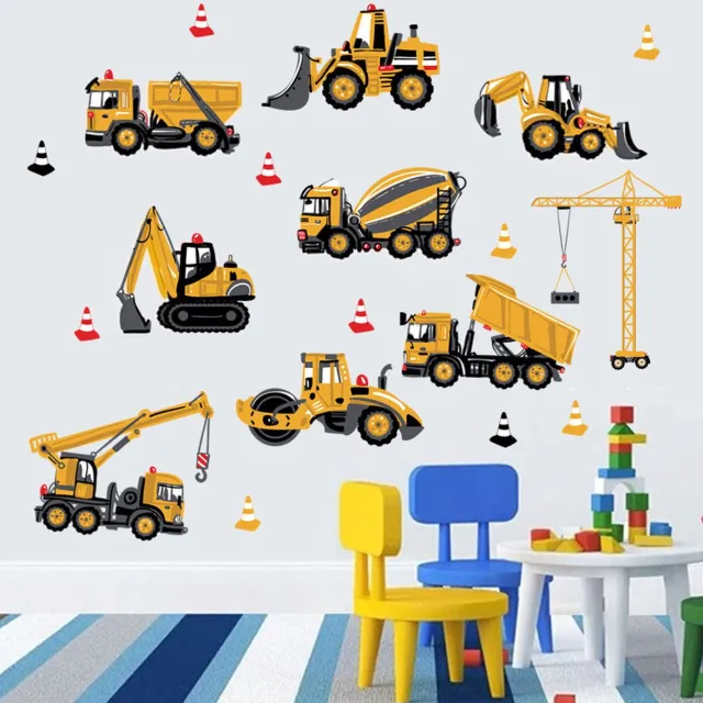 Jodeledokie Muursticker met shovel, vrachtwagen, graafmachine, Takelkraan en stoomwals 44 x 85cm Geel:Zwart